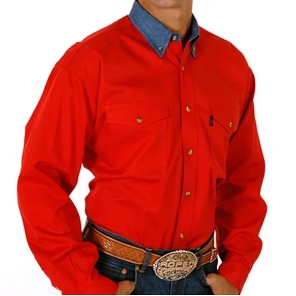 [XL]Vintage Roper Mens Red 100% Cotton L/S Solid Long Tail Western Shirt